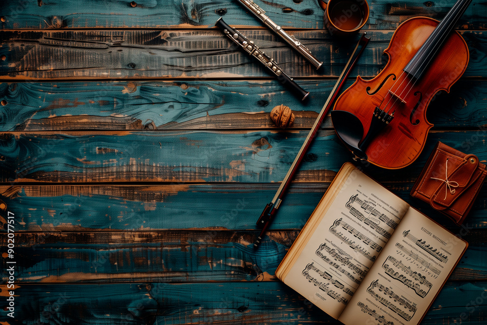 Naklejka premium flatlay featuring a variety of musical instruments arranged artistically on a wooden surface on international music day