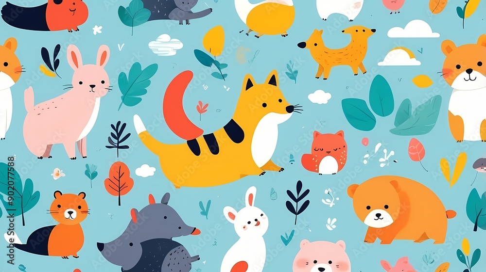 Whimsical forest creatures and elements like cats, birds, foxes, a deer, a sheep, a mushroom, flowers, leaves, and trees. Ideal for naturethemed designs and illustrations. Whimsical forest creatures and elements like cats, birds, foxes, a deer, a sheep, a mushroom, flowers, leaves, and trees. Ideal for naturethemed designs and illustrations.