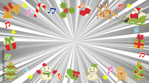 グラデーションを使用したクリスマスのシルバーフラッシュ(サンタとツリーと音符)