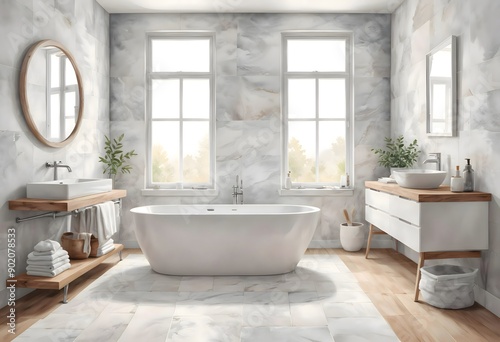 Watercolor modern and minimalist bathroom interior design illustration