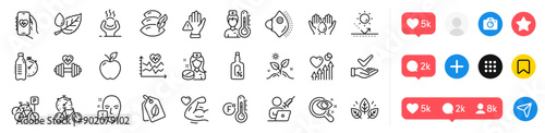 Face attention, Thermometer and Bike timer line icons pack. Social media icons. Dont touch, Medical mask, Vision test web icon. Leaf dew, Grow plant, Bicycle parking pictogram. Vector