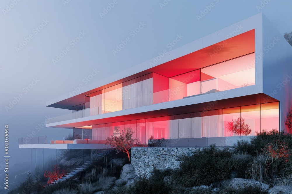 Futuristic house with red neon lighting in a foggy landscape highlighting modern design and mysterious ambiance