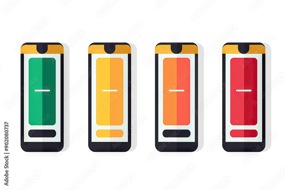 Set of smartphone battery life indicators showing various charge levels from full to low in vivid colors. Set of smartphone battery life indicators showing various charge levels from full to low in vivid colors.