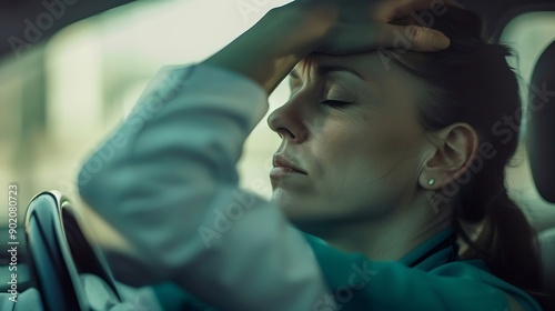 A weary Caucasian nurse rests in a car her tired eyes closed as she leans back with her hand on her forehead reflecting the demanding nature of healthcare work : Generative AI