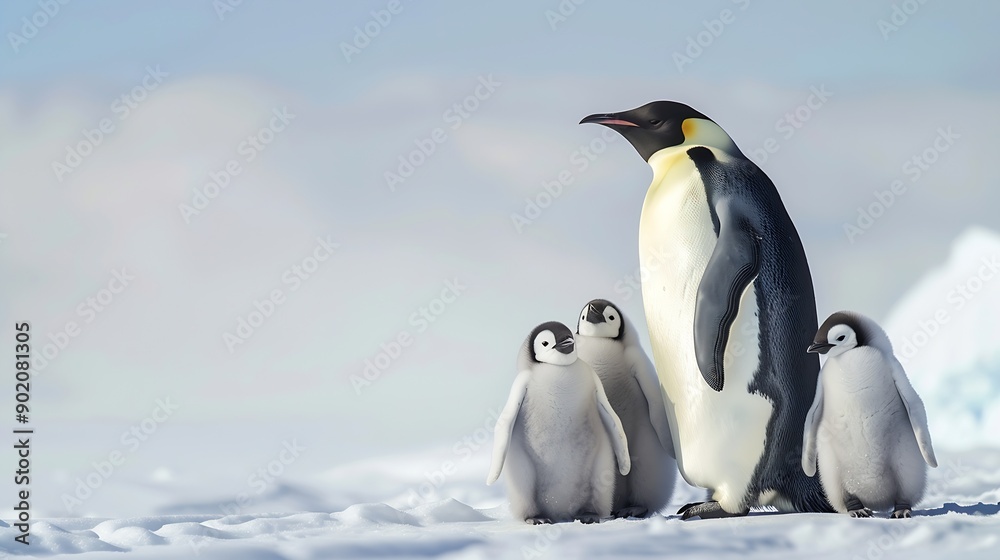 Fototapeta premium Emperor penguin family keeps eye on their little fluffy cubs : Generative AI