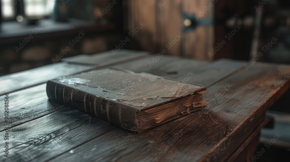 The book rests on a table made of wood The book rests on a table made of wood