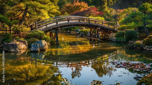 Japanese garden at Ohori Koen Donguri Park in Fukuoka prefecture Kyushu Japan : Generative AI photo