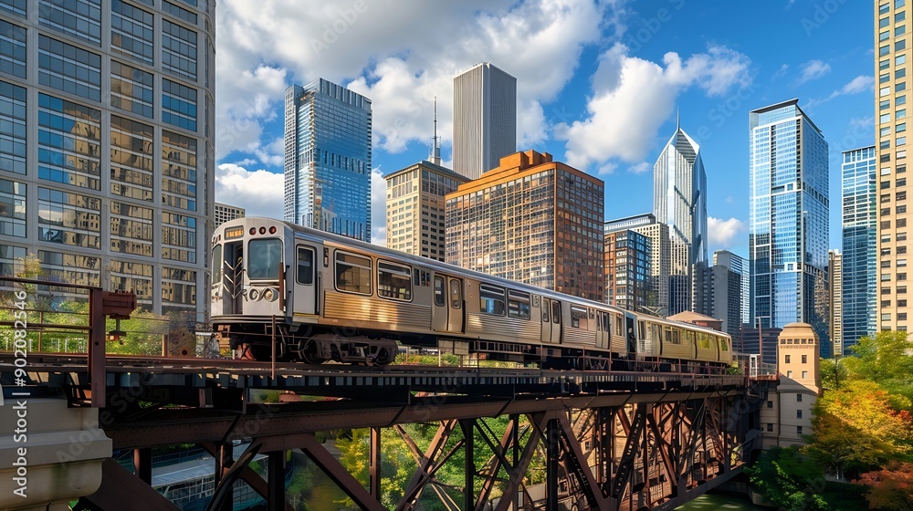 Obraz premium Train passing by over bridge of City of Chicago transport system Illinois USA : Generative AI