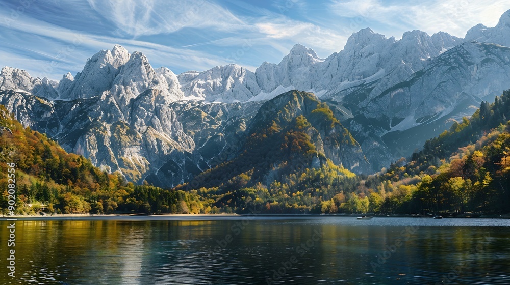 Fototapeta premium Jasna lake with beautiful mountains Nature scenery in Triglav national park Location Triglav national park Kranjska Gora Slovenia Europe Mountain lake Jasna in Krajsnka Gora Slovenia : Generative AI