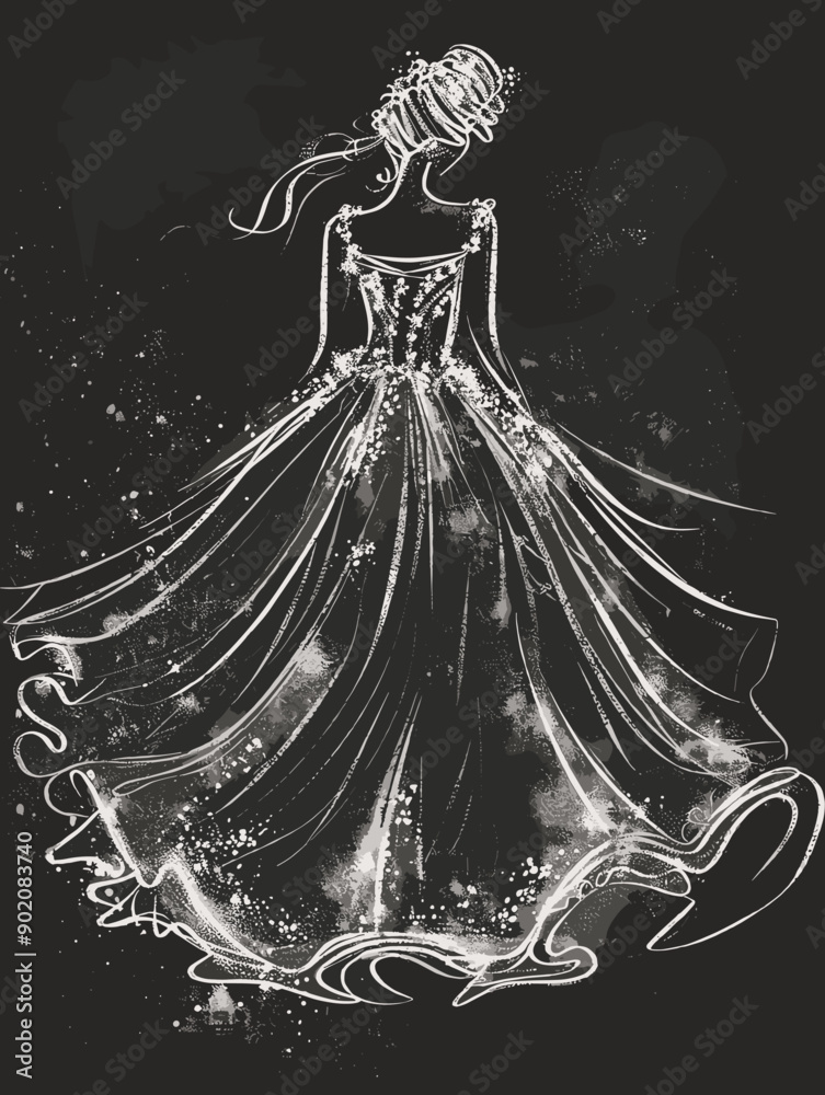 Fashion illustration of a woman in a long dress on a black background. Fashion illustration of a woman in a long dress on a black background.
