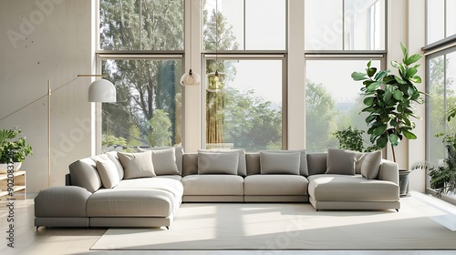 Interior of light living room with cozy grey sofas near big window : Generative AI