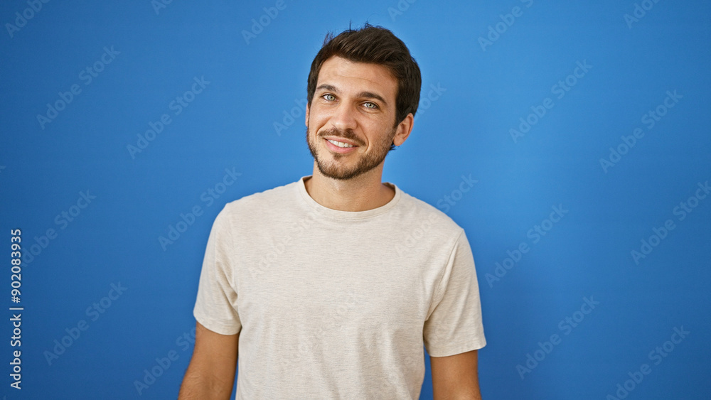 Handsome young hispanic man with a beard standing against a blue background outdoors