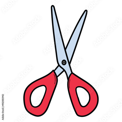 Hand drawn cartoon scissors with red handles on a white background.