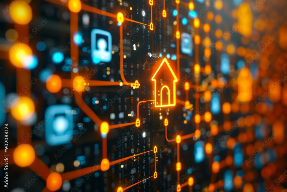 Fototapeta premium Digital house icon with orange circuit board representing smart home technology and advanced connectivity