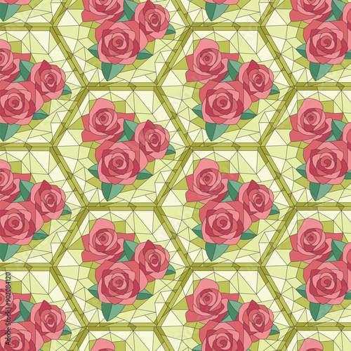 roses bouquet stained glass seamless pattern
