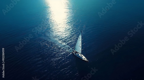 Sailing yacht race at sun light aerial Yachting on serene seascape at open sea Boat with big white spinnaker sail at ocean bay Lonely ship cruise at water on summer sunny day Cinematic : Generative AI