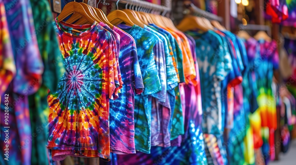 Fototapeta premium Vibrant Tie Dye Shirts: Colorful Fashion, Retro Style, and Unique Designs