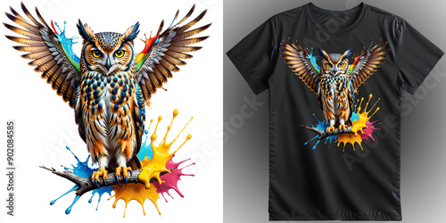 T-shirt mockup with owl and splashes, ready for dtf print photo