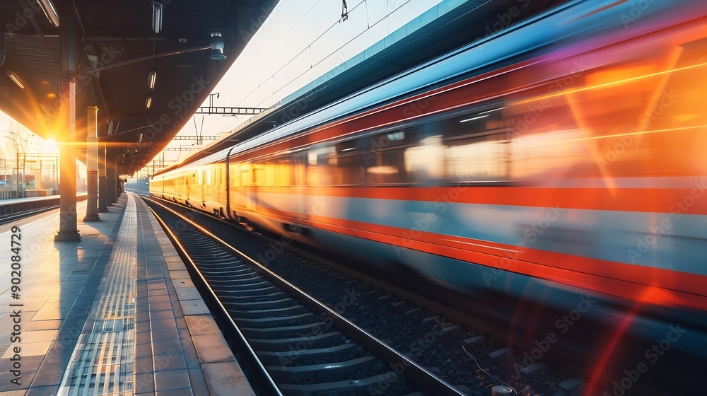Highspeed orange passenger train moving at railway station platform at sunset Train station Modern railway transportation concept with blurred motion effect Railroad Commercial transpo : Generative AI Highspeed orange passenger train moving at railway station platform at sunset Train station Modern railway transportation concept with blurred motion effect Railroad Commercial transpo : Generative AI