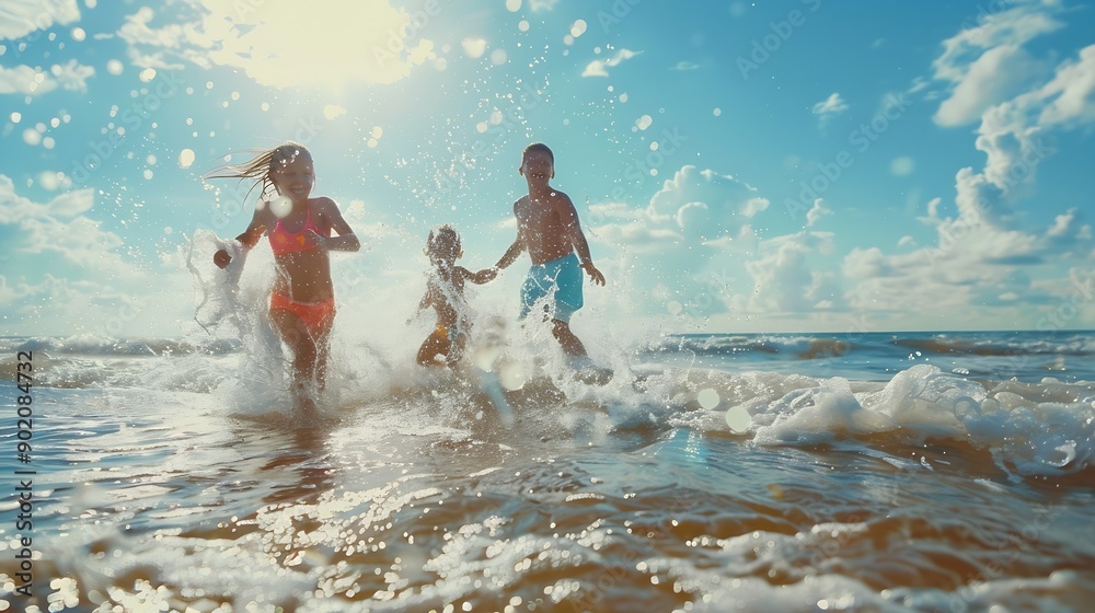 Running water splash and happy family at beach with fun bonding or freedom on summer vacation and holiday Travel energy or kids with parents at ocean for adventure journey or games in : Generative AI Running water splash and happy family at beach with fun bonding or freedom on summer vacation and holiday Travel energy or kids with parents at ocean for adventure journey or games in : Generative AI
