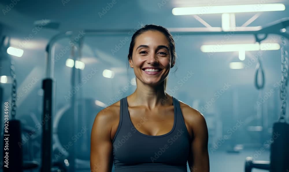 Portrait of young woman in sportswear smiling at camera in gym Portrait of young woman in sportswear smiling at camera in gym