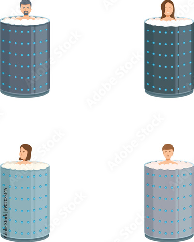 Four individuals relaxing in separate stylized hot tubs, showcasing diversity and leisure