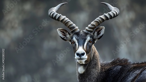 Tallinn Estonia  April 06 2024 Head portrait of a male Chinese Bharal Pseudois nayaur szechuanensis Spring season animal is shedding Gorgeous animal with majestic curved horns : Generative AI photo