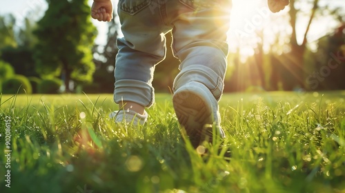 A baby is taking the first steps in a park Child toddler happy family step concept Baby steps on the grass in nature Baby taking first steps on grass park lifestyle family motherhood c : Generative AI