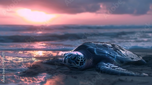 Closeup of a leatherback turtle laying her eggs during Trinidad and Tobagos nesting season Shot in Grande Riviere at dawn Sea turtle crawls back to the sea during a gorgeous sunrise : Generative AI photo