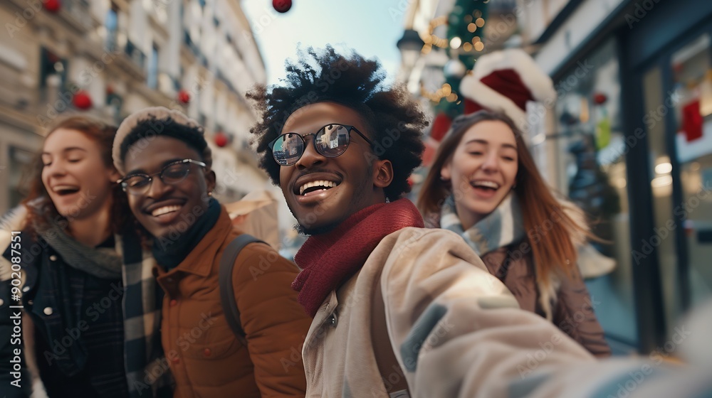 Multiracial group of friends having fun walking on the city Young people celebrate holiday vacations outside : Generative AI