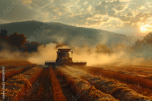 People and machinery harvest crops in the field, showcasing the synergy between human effort and modern technology in agriculture, leading to efficient and abundant harvests