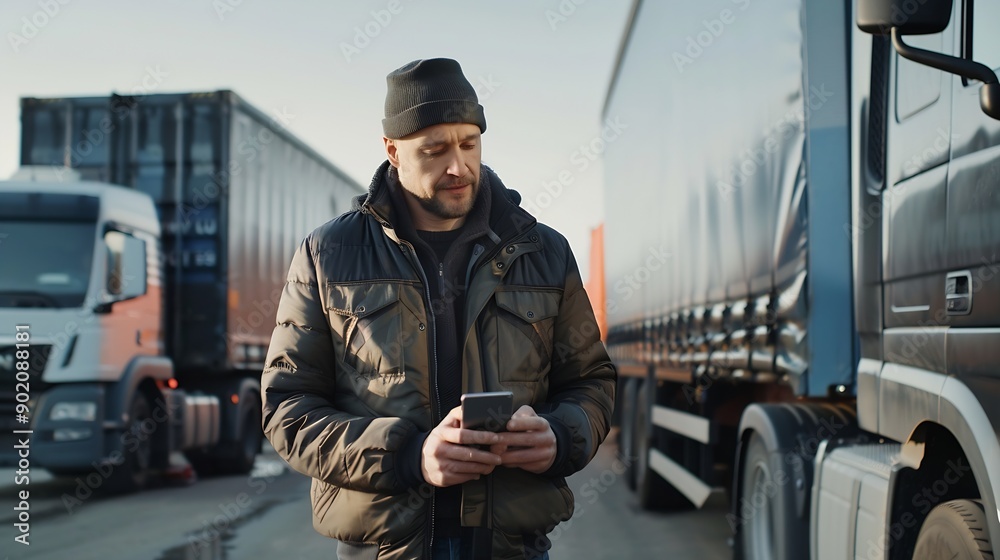 Busy Caucasian male driver chatting on his smartphone with someone about agreement on place of future delivery while standing in front of large trucks with merchandise Transport concep : Generative AI Busy Caucasian male driver chatting on his smartphone with someone about agreement on place of future delivery while standing in front of large trucks with merchandise Transport concep : Generative AI