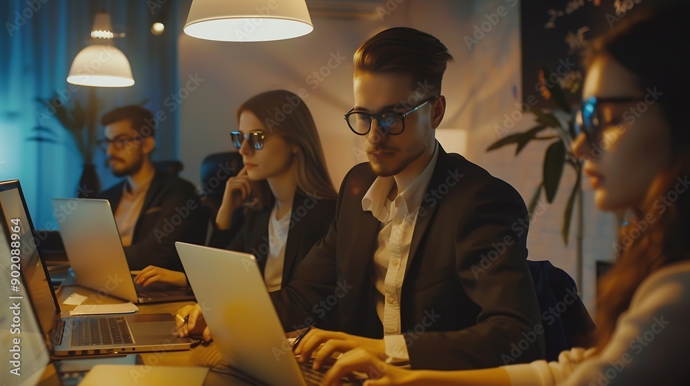 Group of young modern people in formalwear using modern technologies while working in the creative office : Generative AI