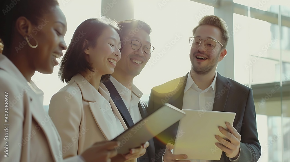 Business people team and laughing with tablet in office for funny online browsing comic email and research Group employees or collaboration with digital tech for planning networking or : Generative AI