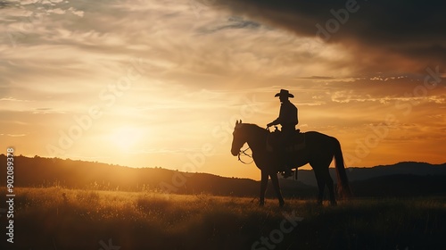 Silhouette of ranch hand or cowboy riding his horse in the sunset : Generative AI © The Little Hut