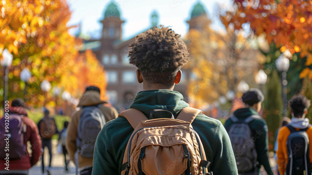 Obraz premium Back view of male student with backpack standing on college campus