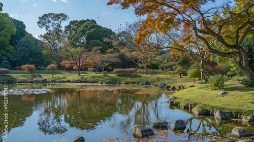 Japanese garden at Ohori Koen Donguri Park in Fukuoka prefecture Kyushu Japan : Generative AI photo