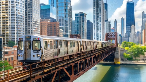 Train passing by over bridge of City of Chicago transport system Illinois USA : Generative AI photo