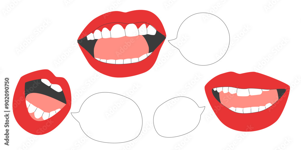 Speechbabble with mouths in flat style in linear processing. Open female mouths, with screaming, smiling and brekettes Speechbabble with mouths in flat style in linear processing. Open female mouths, with screaming, smiling and brekettes