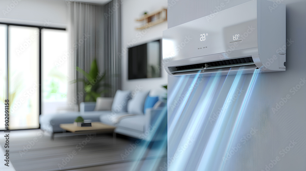 Fototapeta premium Energy efficient air conditioner with fresh natural in a modern living room