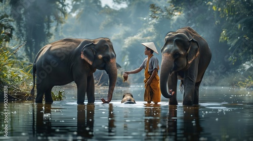 Mahouts (elephant caretakers) interacting friendly with the elephants photo