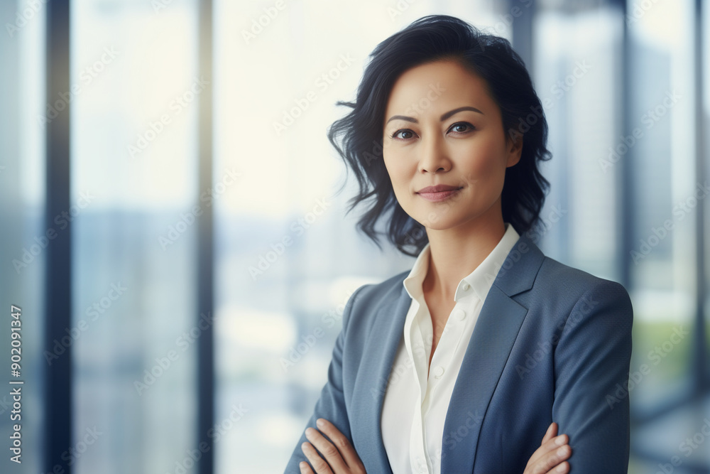 Portrait of beautiful middle-aged asian business woman looking at camera while standing in modern office Portrait of beautiful middle-aged asian business woman looking at camera while standing in modern office