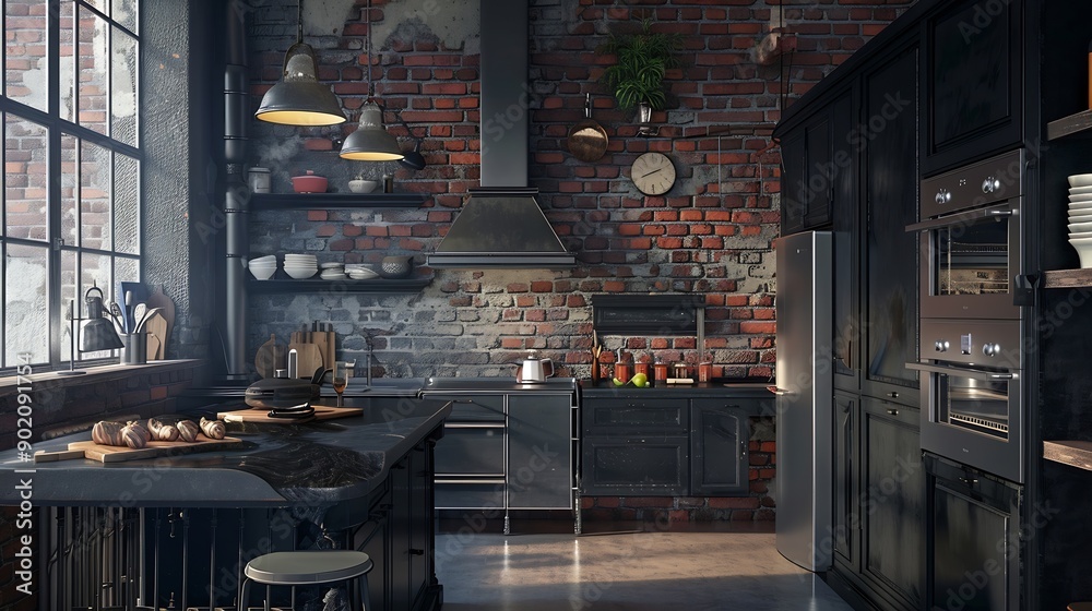 Explore the charm of industrial design with this black kitchen buffet interior Exposed brick metal fixtures and dark cabinetry blend to create a stylish n functional urban space : Generative AI Explore the charm of industrial design with this black kitchen buffet interior Exposed brick metal fixtures and dark cabinetry blend to create a stylish n functional urban space : Generative AI