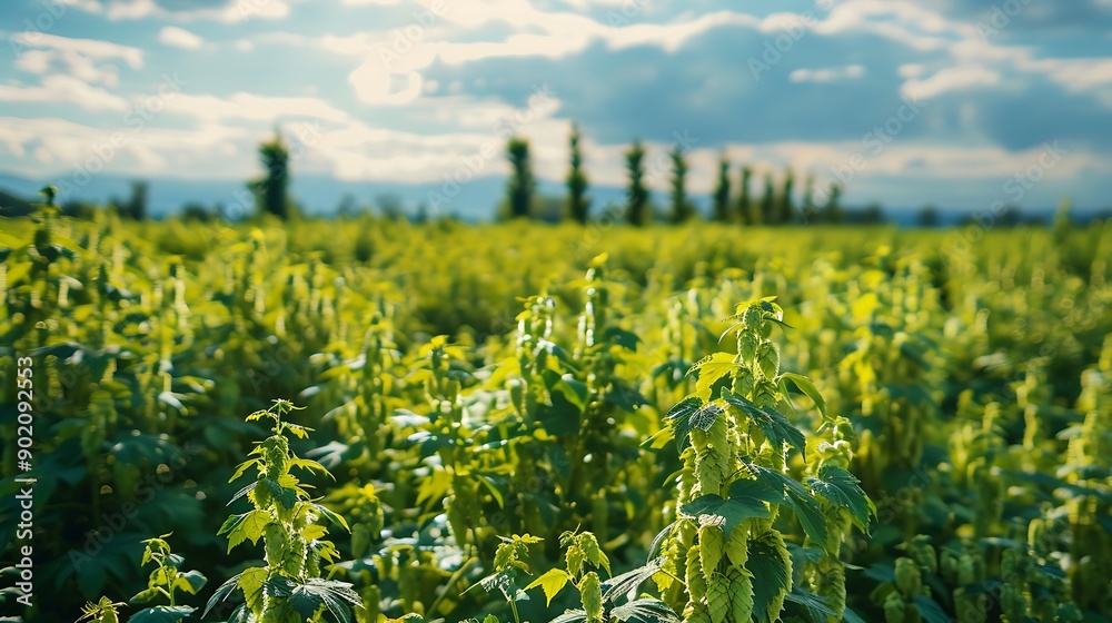 Fototapeta premium Wide green fields filled with climbing hop plants
