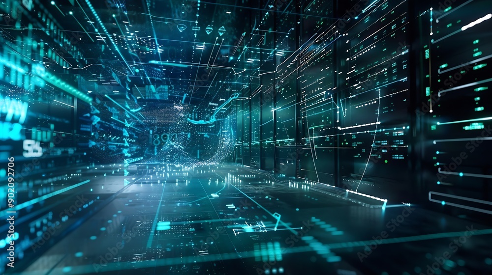 Image of mathematical equations and data processing over server room Global technology computing and digital interface concept digitally generated image : Generative AI Image of mathematical equations and data processing over server room Global technology computing and digital interface concept digitally generated image : Generative AI