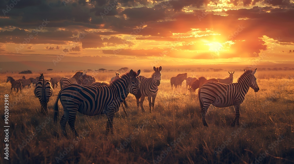Obraz premium Group of zebras in the African savanna at sunset Serengeti National Park Tanzania Africa : Generative AI