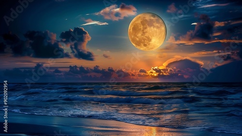 Horizon clouds and full moon by ocean with sunset for peace nature environment and travel vacation Twilight altostratus and sea scenery with moonlight for landscape background and calm : Generative AI