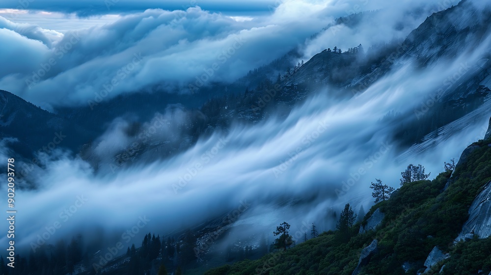 Clouds Rolling into the Valley at Dusk Yosemite National Park California : Generative AI Clouds Rolling into the Valley at Dusk Yosemite National Park California : Generative AI