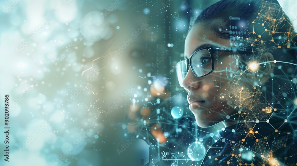 Image of data processing and chemical formula over biracial schoolgirl global science data processing and digital interface concept digitally generated image : Generative AI Image of data processing and chemical formula over biracial schoolgirl global science data processing and digital interface concept digitally generated image : Generative AI