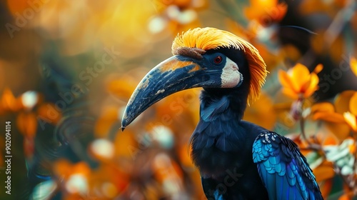 Portrait of colourful hornbill native to Indonesia  Knobbed Hornbill Aceros cassidix Huge bird with gold bristled feathers on the blue neck blurred orange flowers in background  Bird o : Generative AI photo